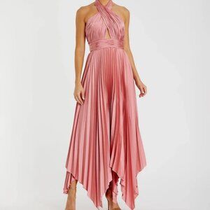 MAC DUGGAL Pink Pleated Halter Neck Asymmetrical Hem Gown